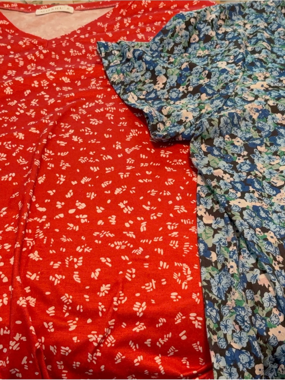 Red Floral Print Top with Blue Floral Accent Top